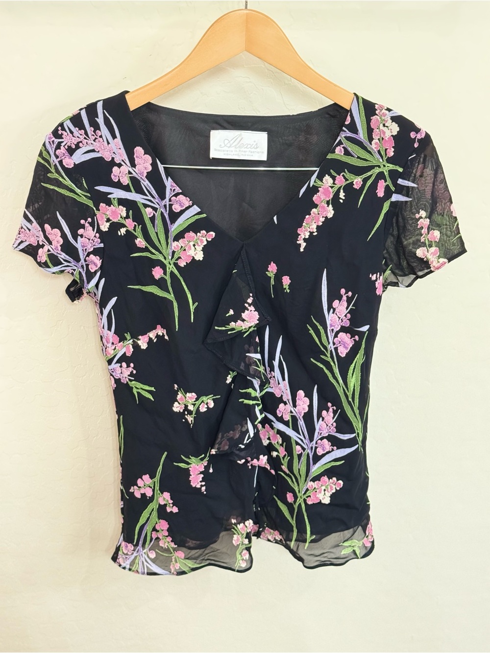 Vintage 90s Y2K Alexis Sheer Black Floral Ruffle Blouse Top Whimsygoth Medium